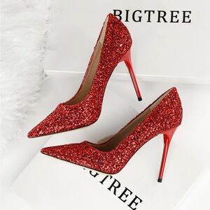 Red, glittery Bigtree stiletto heels